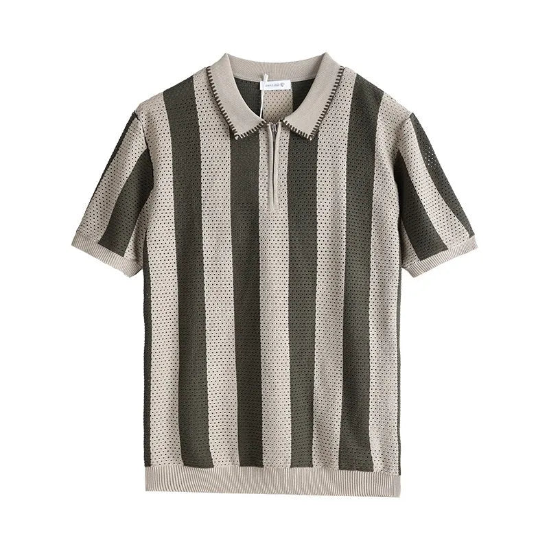 Man wearing a striped short-sleeve ice silk sweater with a decorative zipper detail.