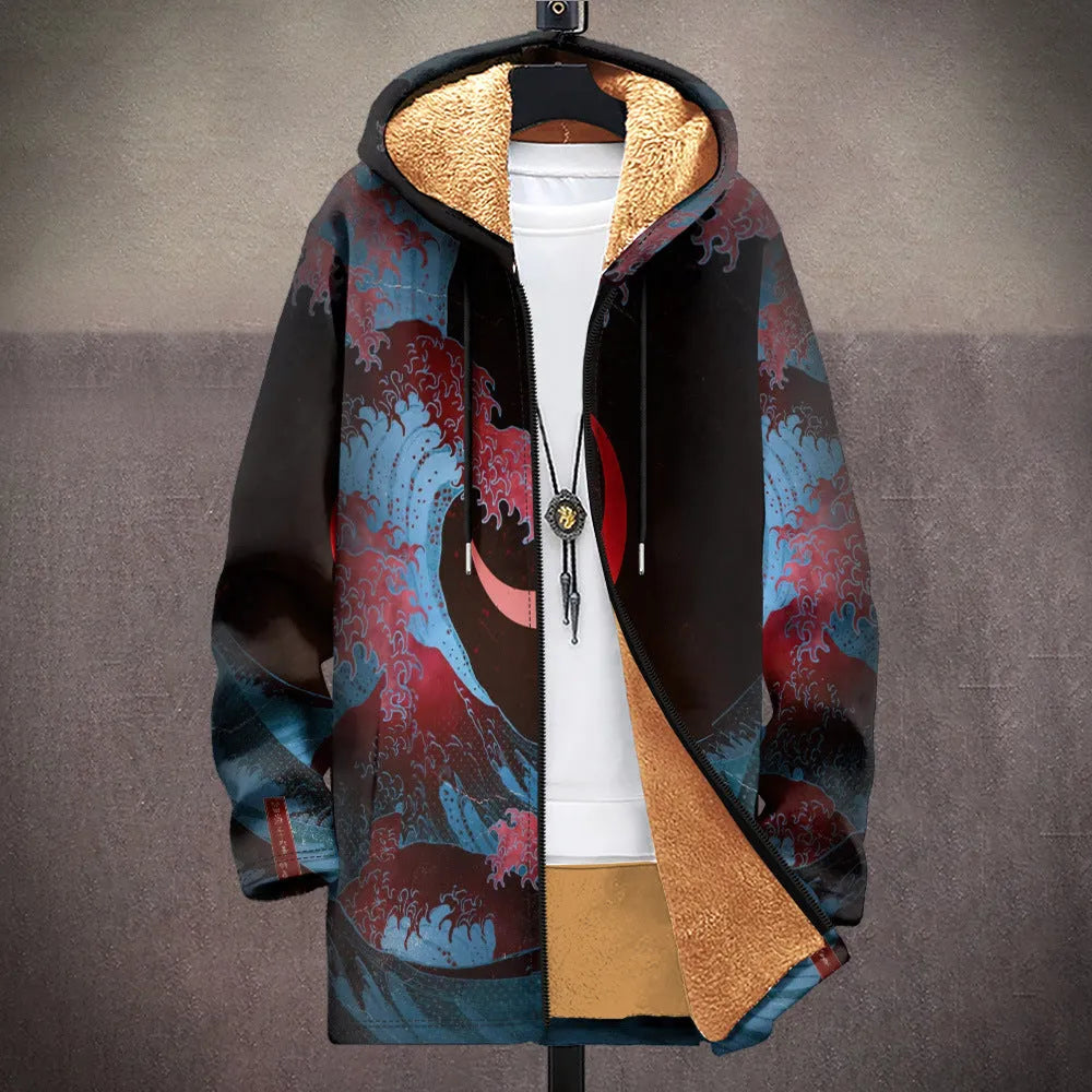 Man wearing a multicolour digitally printed hooded cardigan with a front zipper in a loose fit.