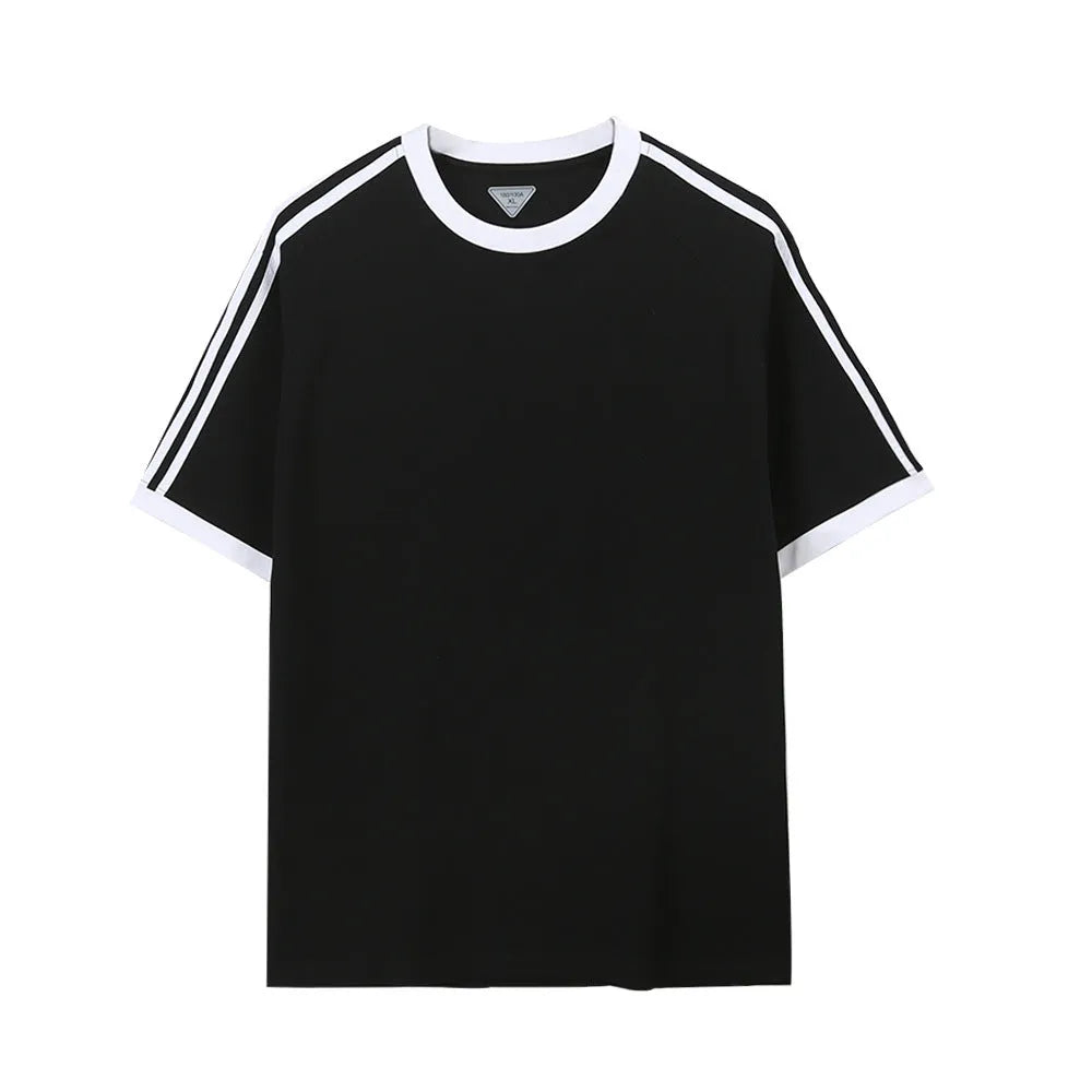 Unisex ice silk cotton stripes five-point top in loose fit, available in multiple colours and sizes S to 2XL