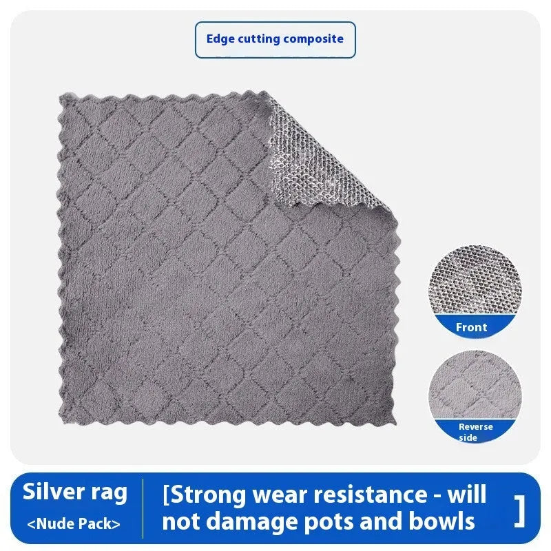 Silver silk and steel wire kitchen cleaning scrubber rag for pots and bowls.