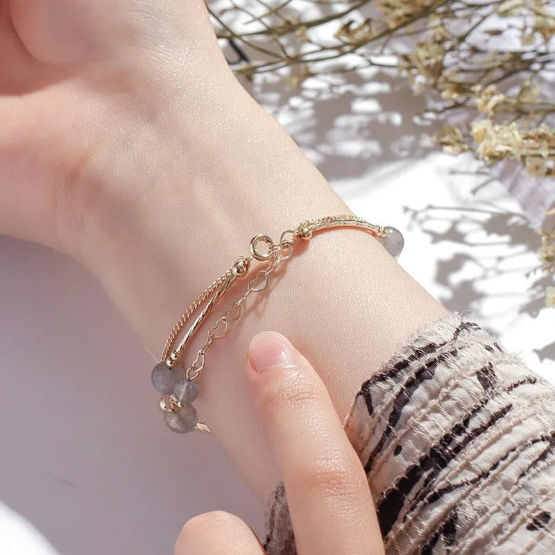 Korean-style women's crystal bracelet with double-layer moonstone design and copper tube framework
