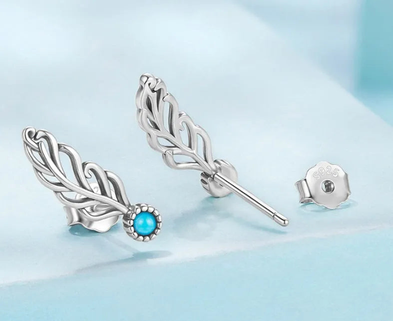 Silver coloured feather stud earrings with genuine turquoise inlay, Chinese style, SCE1896 colour