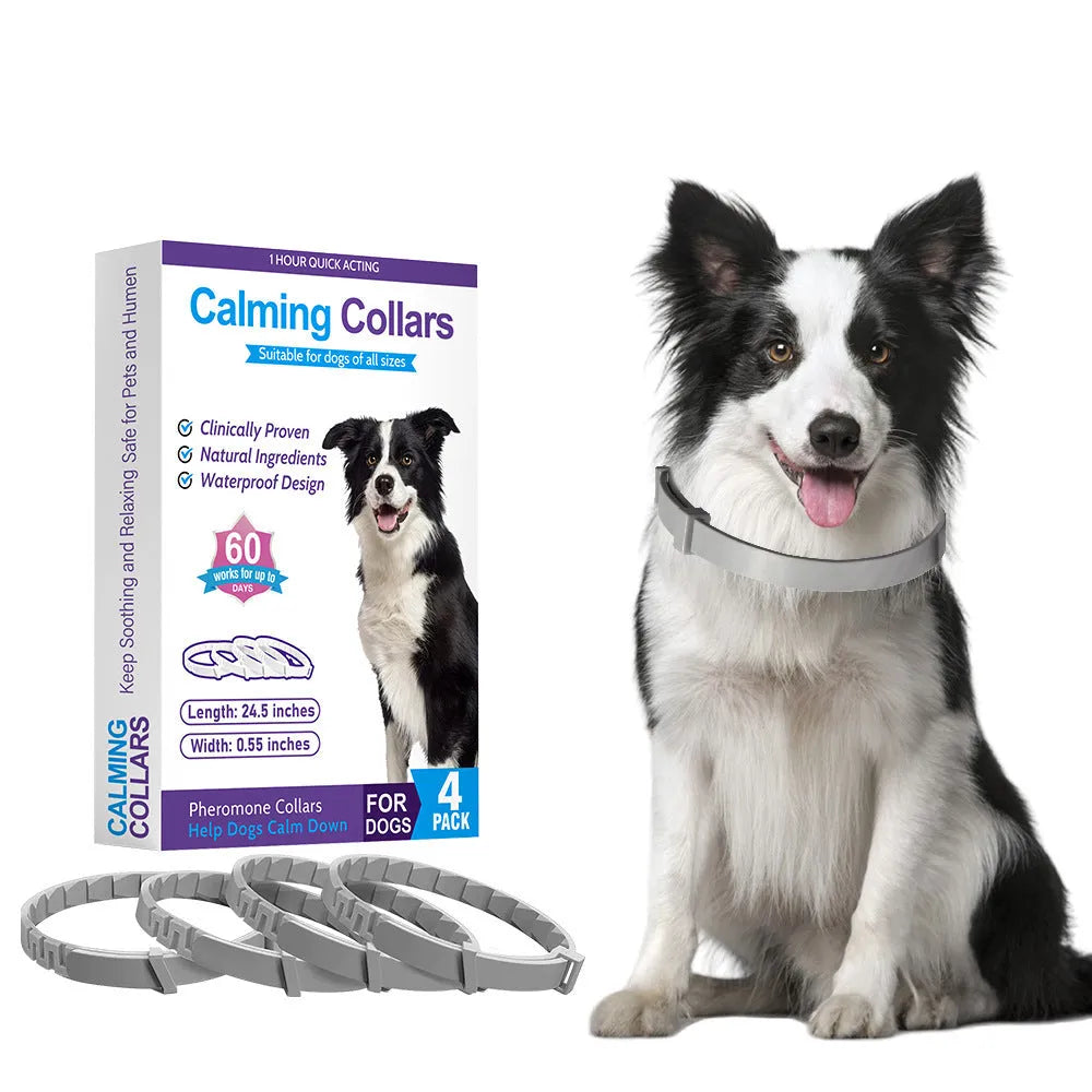 Set of four monochrome dog anxiety relief collars in assorted colours, showing soft TPR material and adjustable 62cm length.