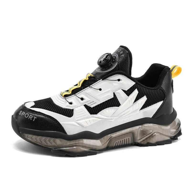 Men's black rotating button casual shoes with mesh upper and platform sole