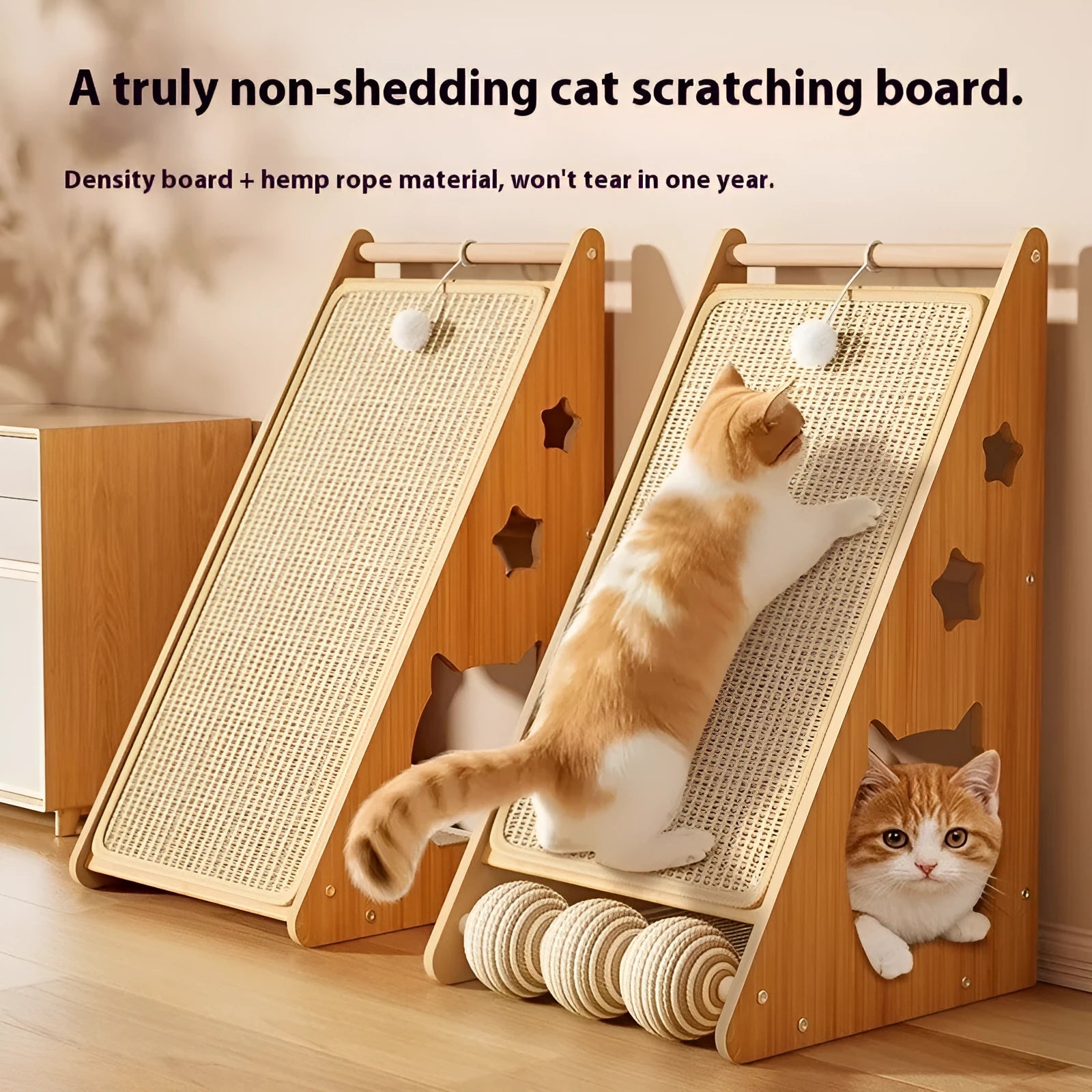 Vertical wall-mounted cat scratch board with sisal surface and attached cat teasing ball