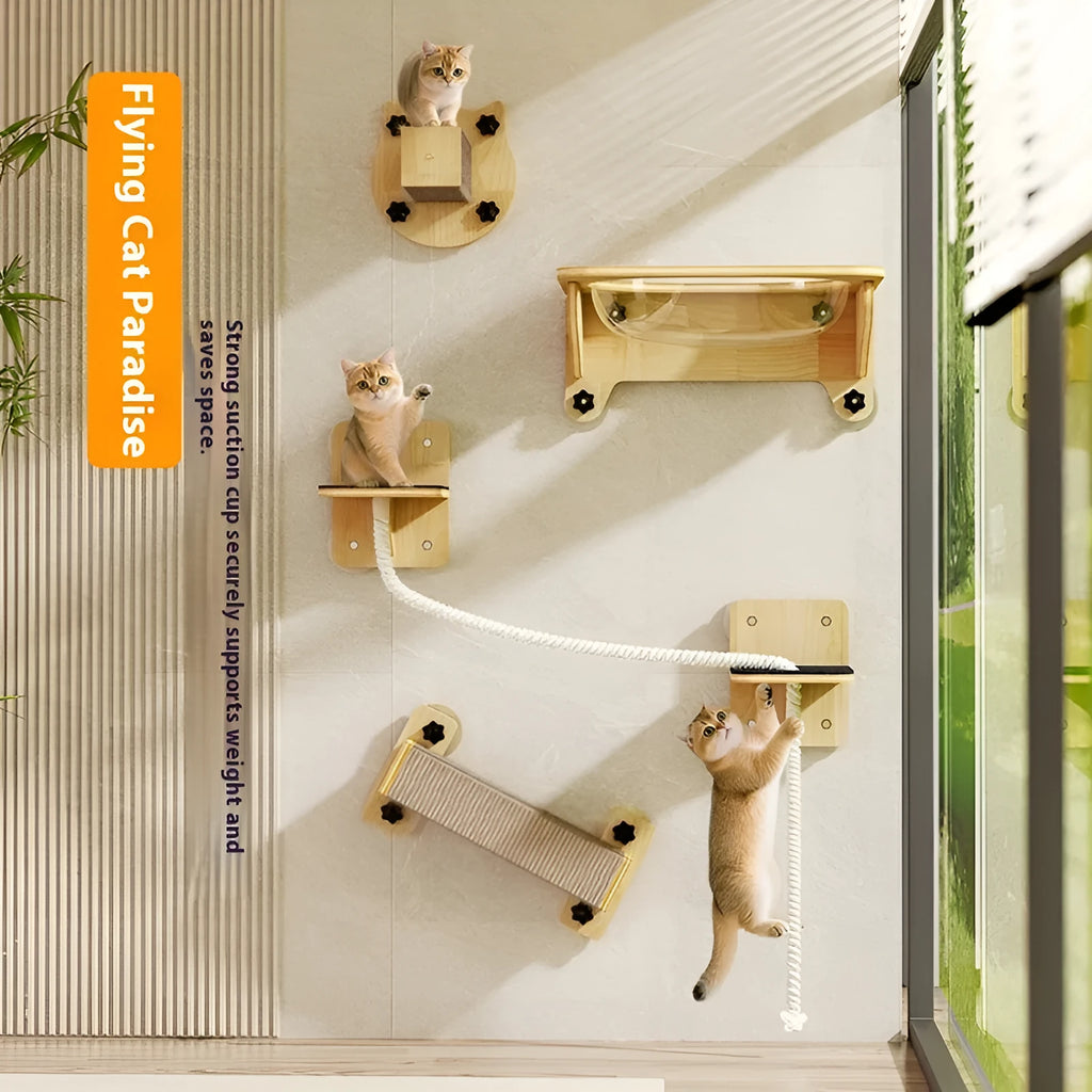 Wall-mounted cat scratching post with sisal rope, showing Space Capsule and Square Column design options