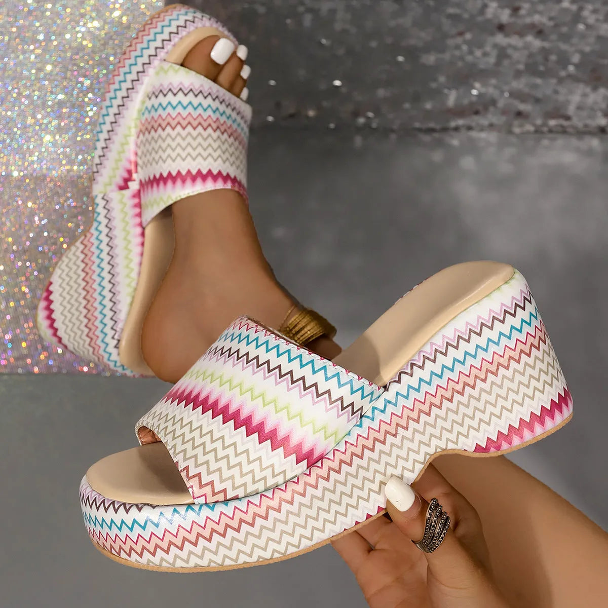 Women's wedge sandals with wave print design, fish mouth toe, and thick platform sole in beige, blue, pink colours