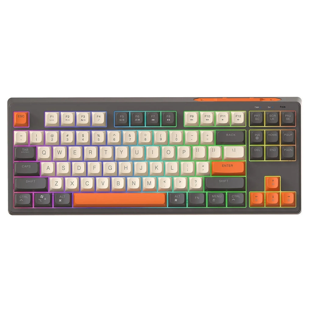 Compact wireless Bluetooth keyboard in blueberry colour with USB receiver and cable on a desk.