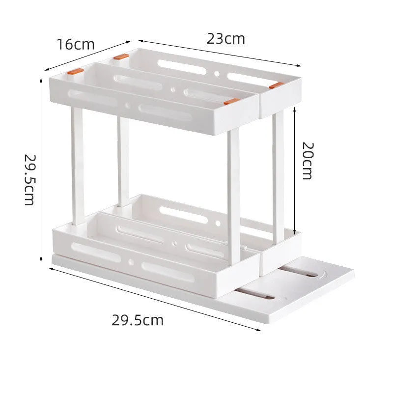 Plastic pull-out spice rack with double layer in milk white for under sink kitchen cabinet storage