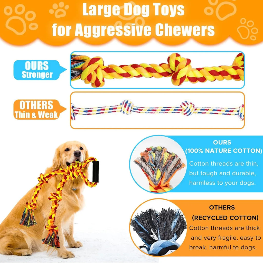 Blue and yellow cotton rope dog toy with handle for large breed tug-of-war