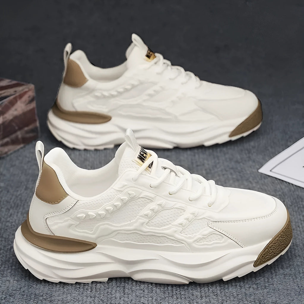 Men's solid colour breathable mesh shoes with round toe, shown in S078 White and S078 Black.
