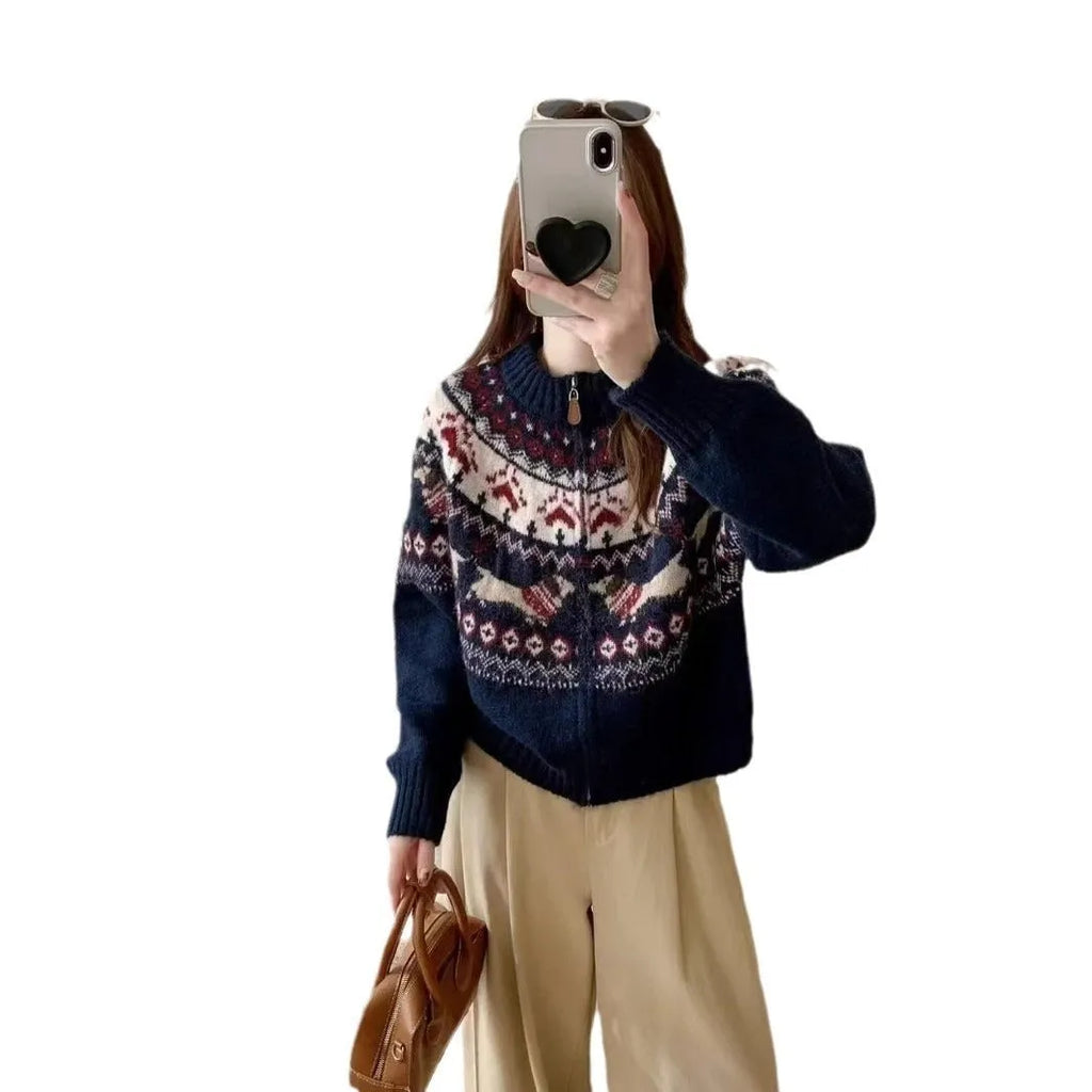 Ethnic style Jacquard pullover sweater with 3D pattern in apricot colour, showing loose fit and round neck.