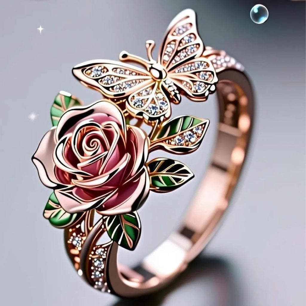 Adjustable oil drip butterfly personality ring showing colourful fairy style design with flower and insect modelling