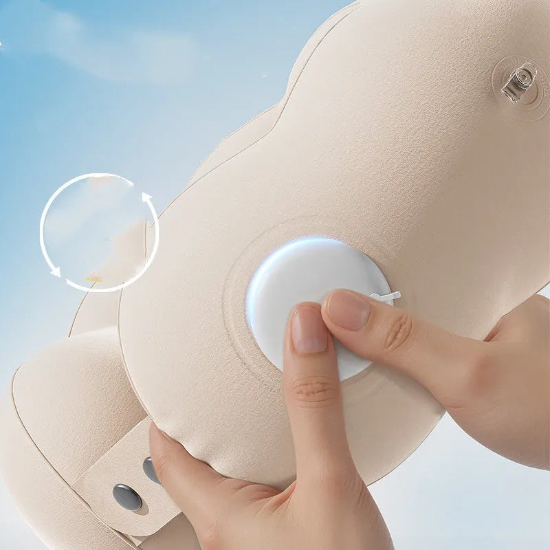 Inflatable U-shaped cartoon travel neck pillow in Cloud Bubble colour, shown deflated and portable.