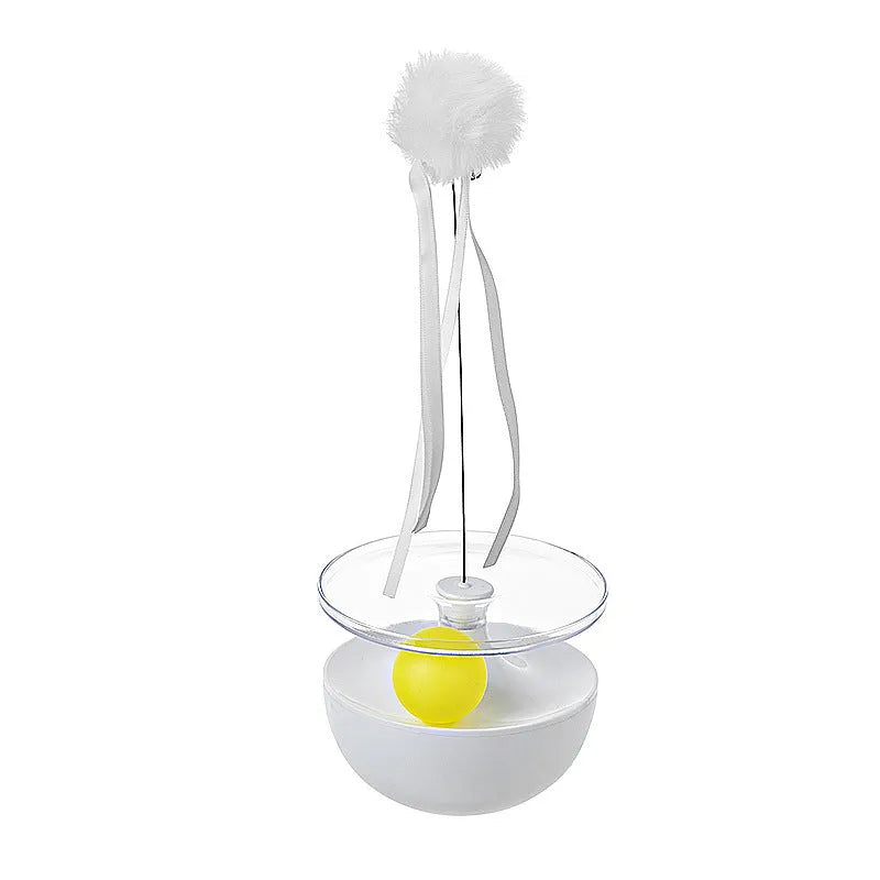 Self-congratulating stick tumbler cat toy in white HIPS+PC plastic on floor