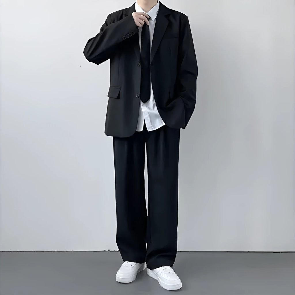 Plus size men's college style suit jacket in polyester with trousers, white shirt, and tie.