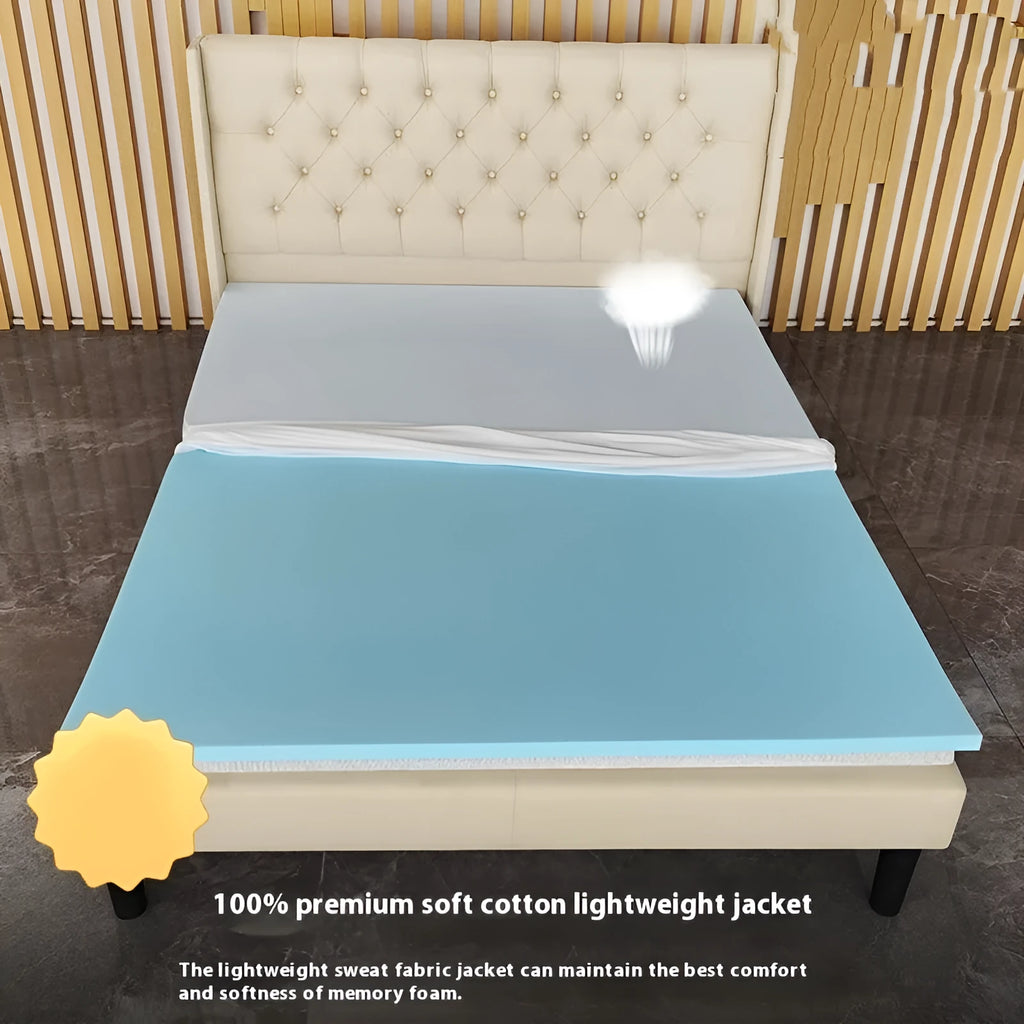 Thin gel memory cotton tatami mattress showing size and thickness options on a tatami mat.