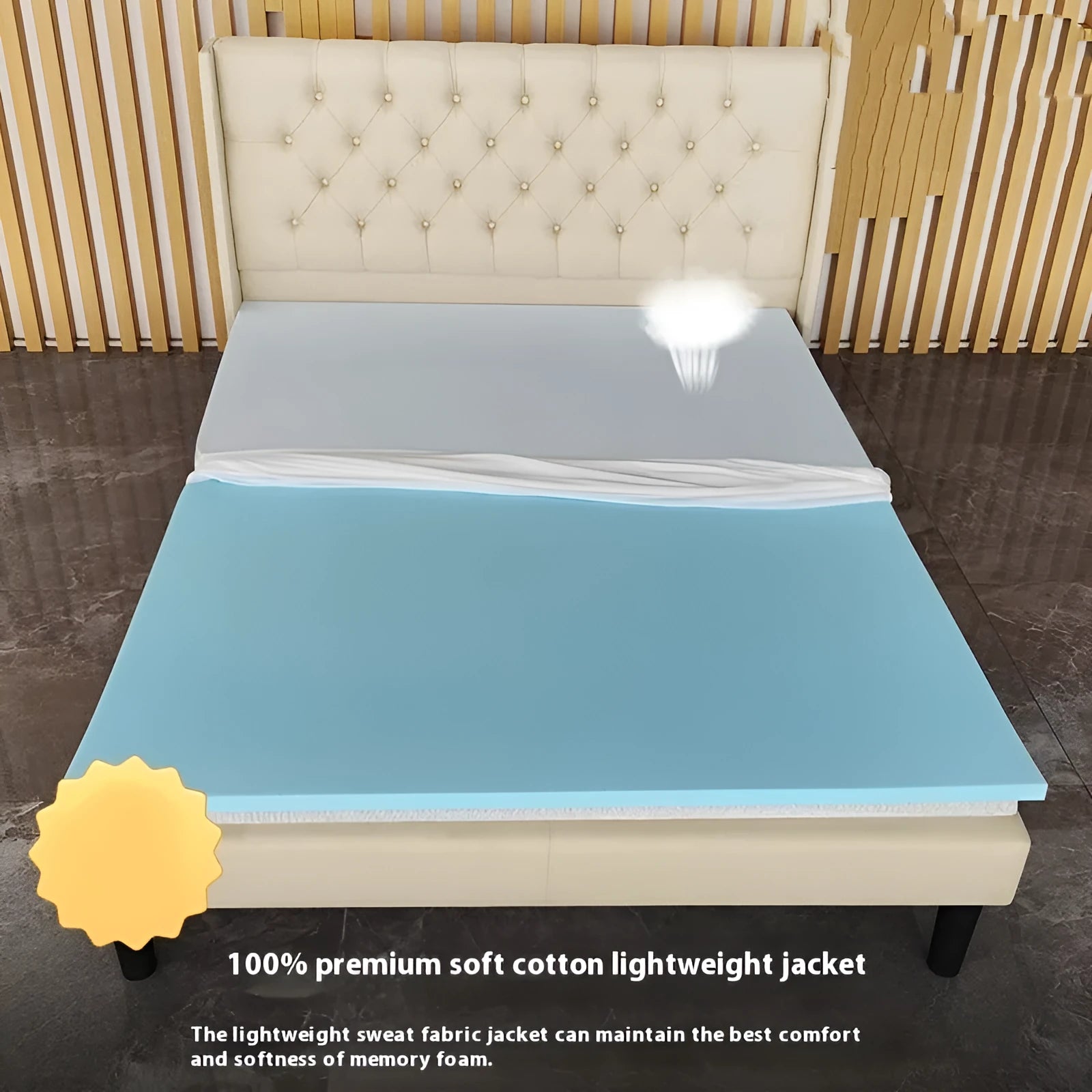 Thin gel memory cotton tatami mattress showing size and thickness options on a tatami mat.
