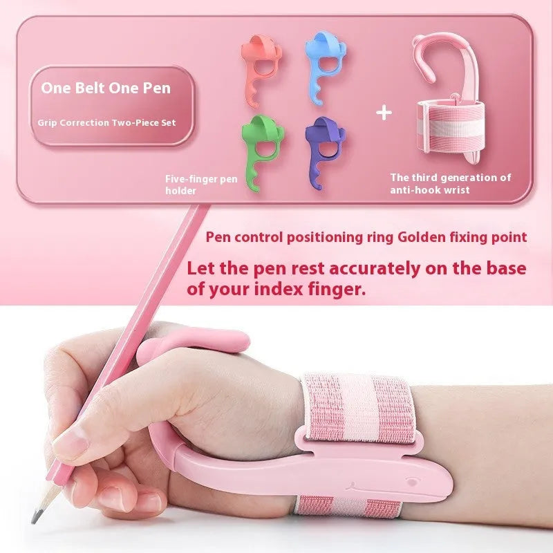 Blue and pink anti-hook wrist brace pen grip corrector for children's handwriting, made from white ABS nylon.