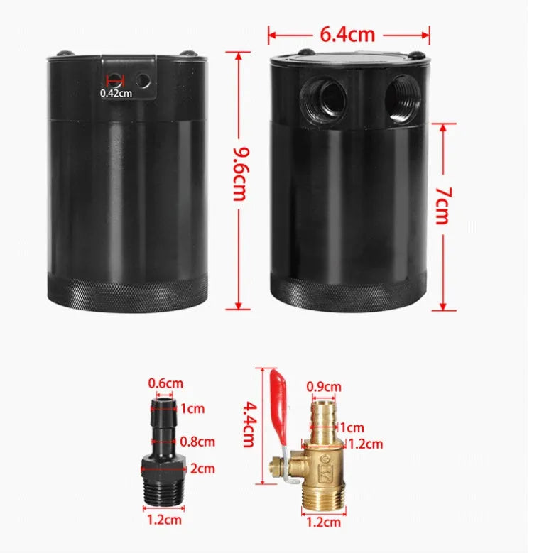 Black aluminium two-hole automotive oil pot with connectors and mounting hardware