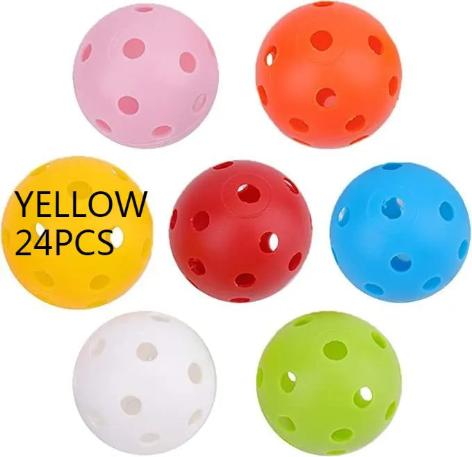 Multi-coloured 42mm golf practice balls with dimpled design in a net bag.