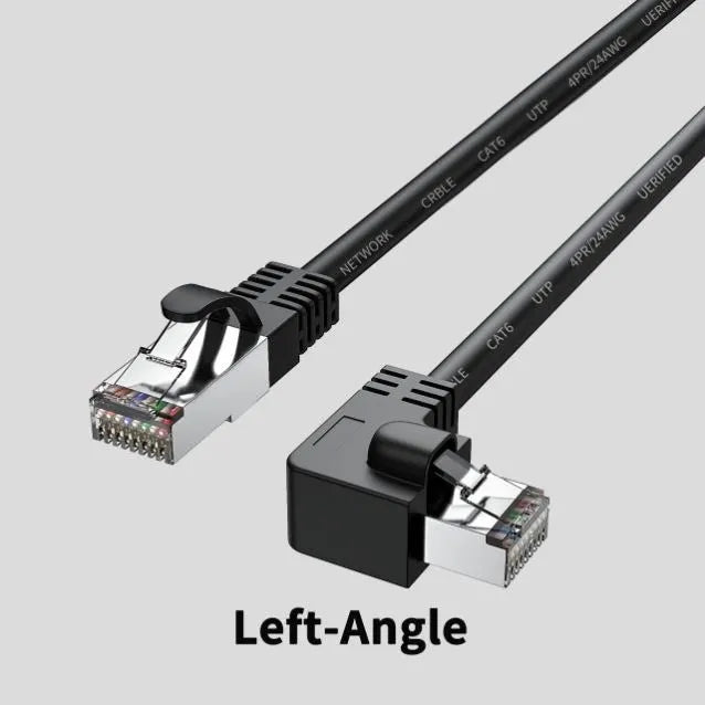 Cat6 Ethernet cable with right-angle metal RJ45 connector in black, available in multiple lengths