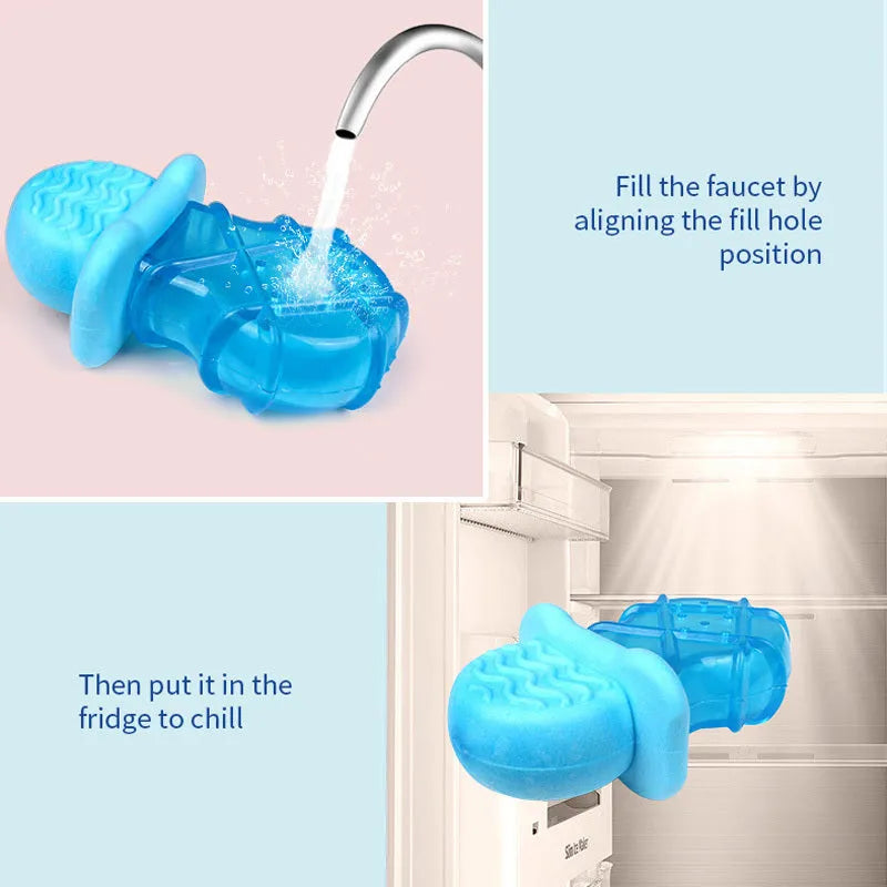 Set of three water-filled dog cooling toys in pacifier, popsicle and ring shapes
