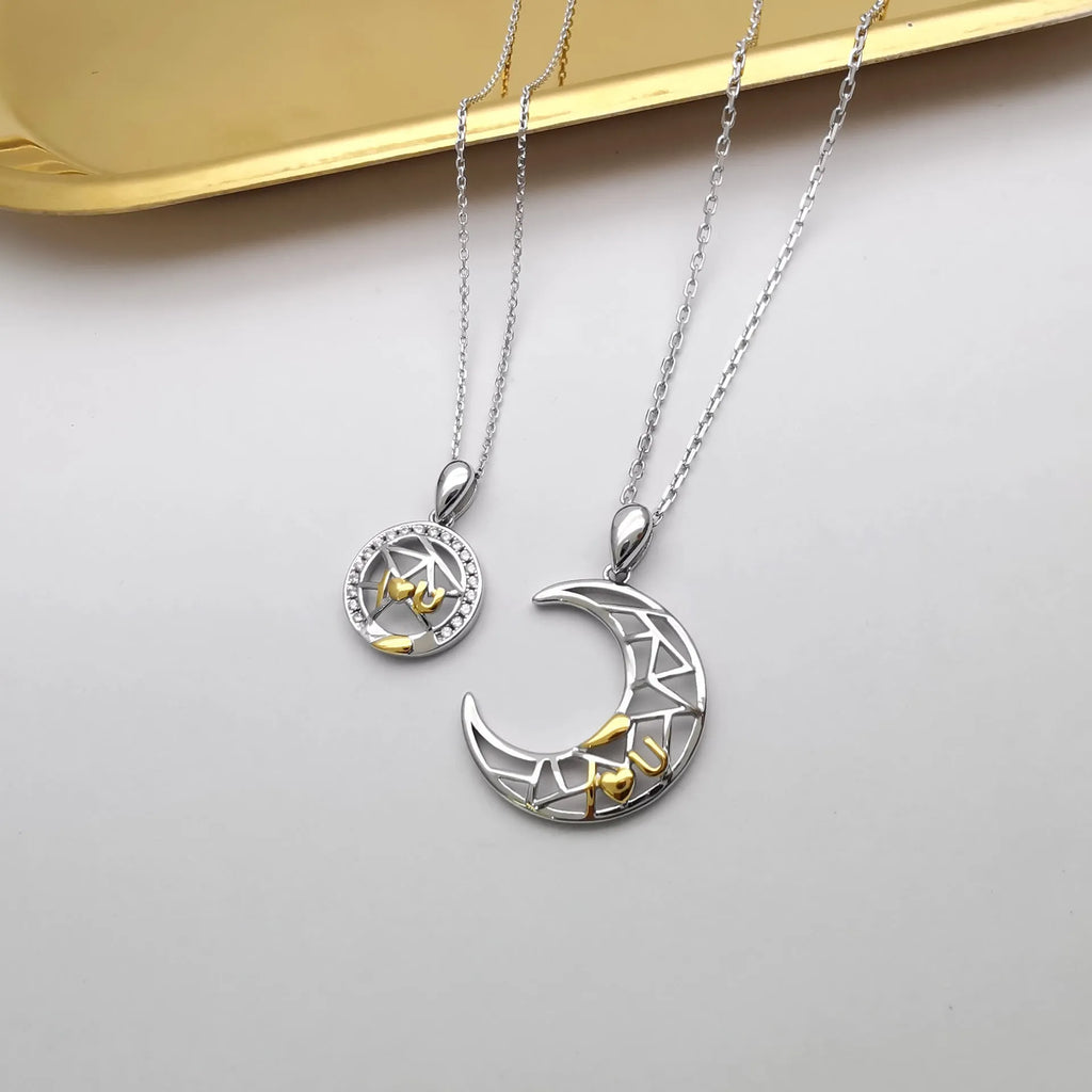 Sun moon couple necklace set with copper pendants on cross chains