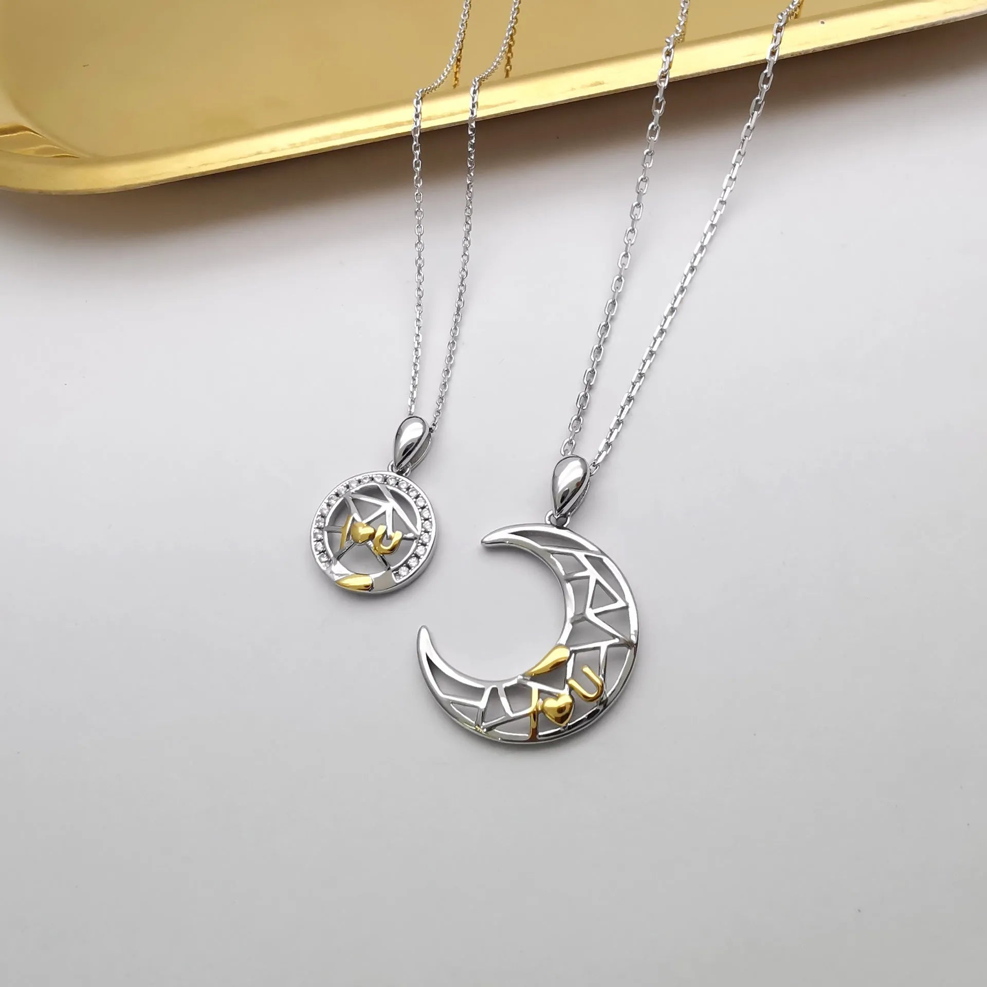 Sun moon couple necklace set with copper pendants on cross chains
