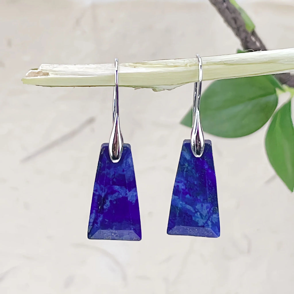 Natural stone lapis lazuli earrings with geometric design and gold hook