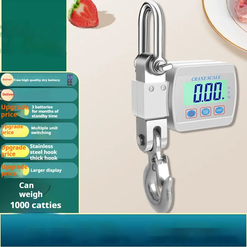 Blue digital hanging hook scale with LCD display showing weight, measuring 22cm long.