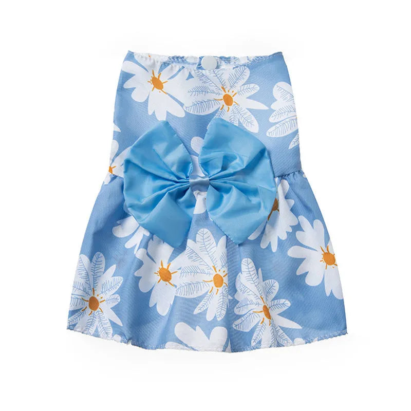 Ultra-thin floral print pet dress for dogs or cats with a large knotted bow at the chest.