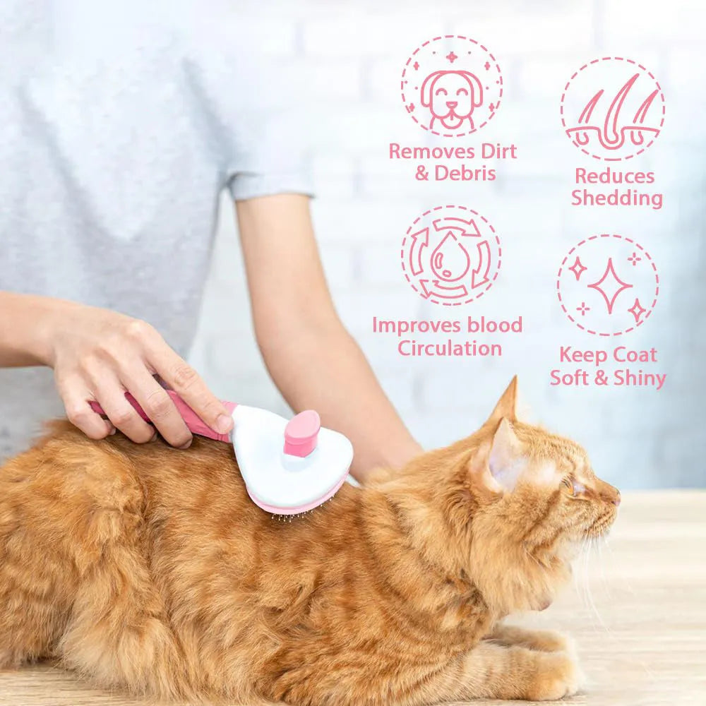 A grey cat grooming brush with a release button and fine wire bristles, shown removing loose fur.