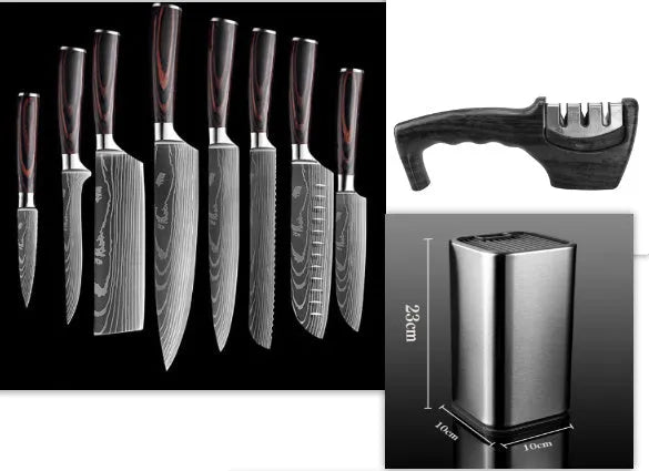 Chef knife with laser Damascus patterned blade and colour steel handle, length 30cm
