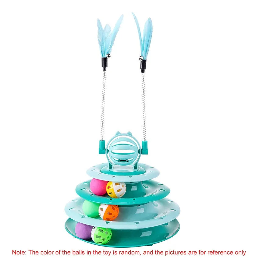 Blue 4-tier interactive cat toy carousel with balls and teasing rods