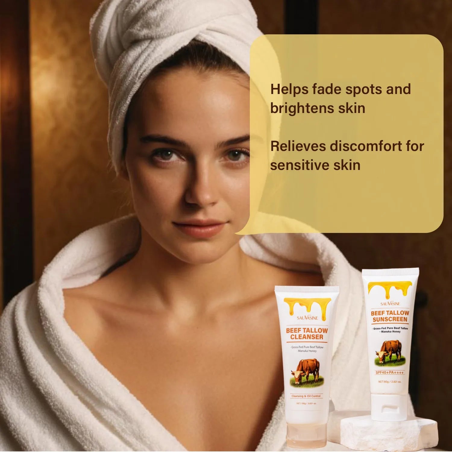 Butter Honey seven-piece skincare set showing facial cleanser, face cream, lip balm, protective cream, body lotion, facial scrub and beef tallow