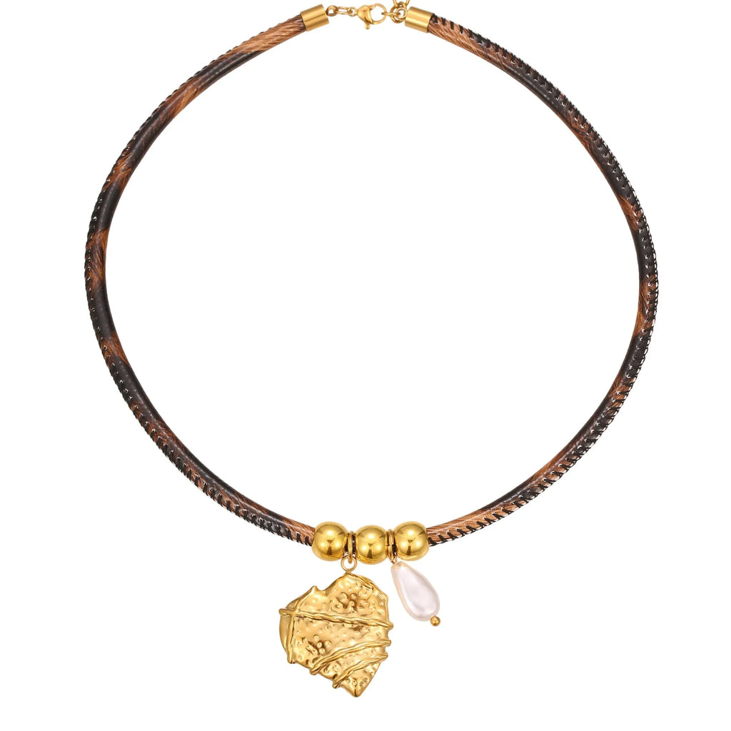 Geometric leopard head stainless steel necklace with gold electroplated finish on adjustable chain