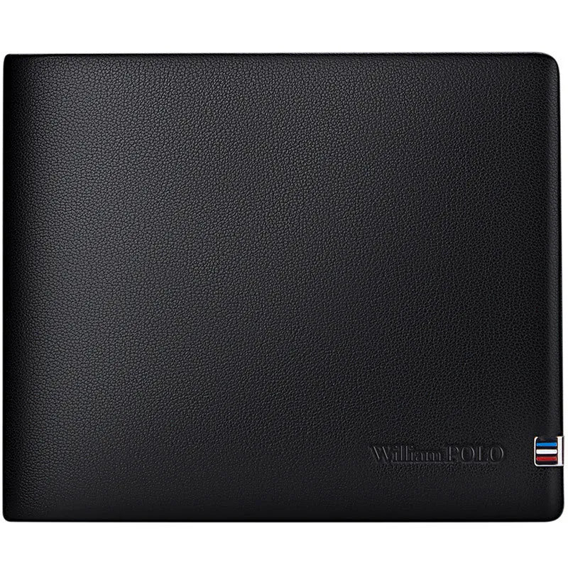 Men's slim leather wallet showing anti-theft card slot and letter pattern detail