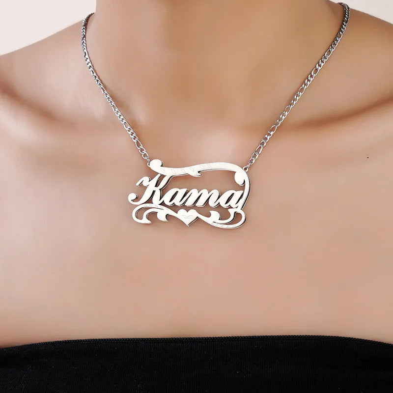 Double-layer wave heart necklace with engraved text in gold or silver stainless steel