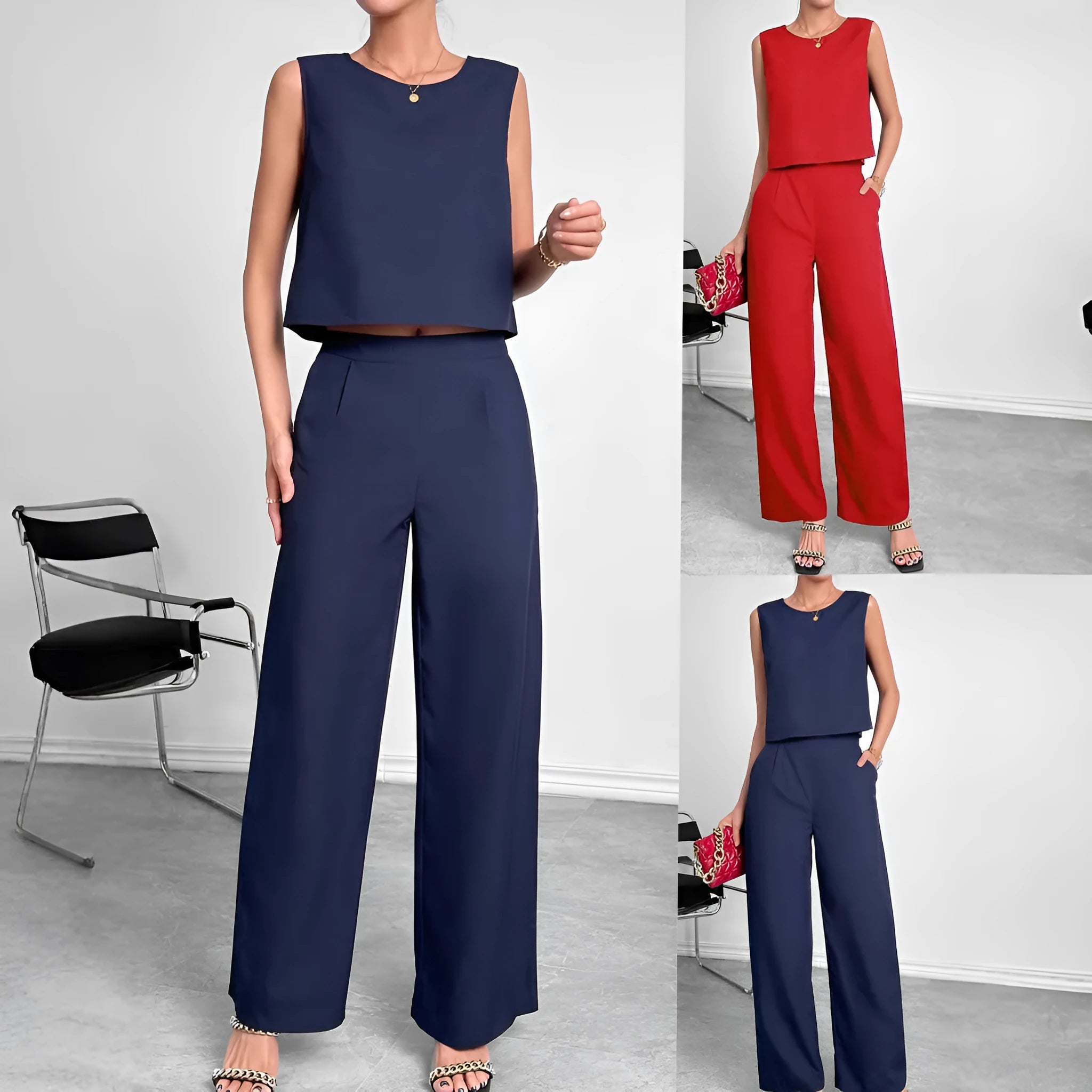 Red women's sleeveless top and wide leg trousers two-piece co-ord set.