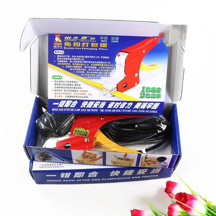 Portable metal buckle-free packing pliers for manual baler with US plug
