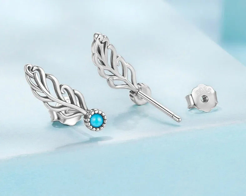 Silver coloured feather stud earrings with genuine turquoise inlay, Chinese style, SCE1896 colour