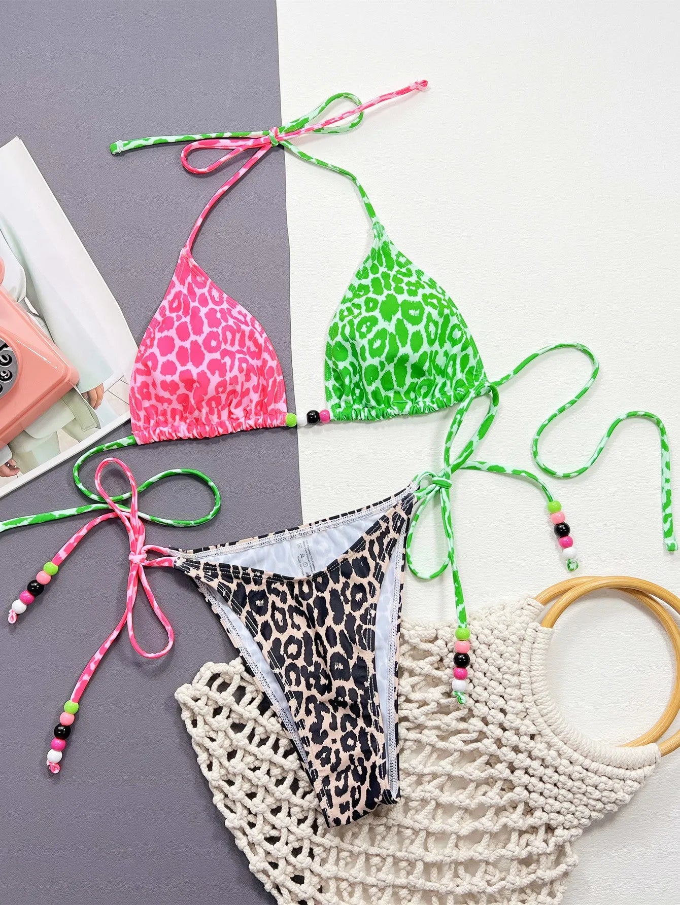 Women's leopard print bikini swimsuit with split briefs design