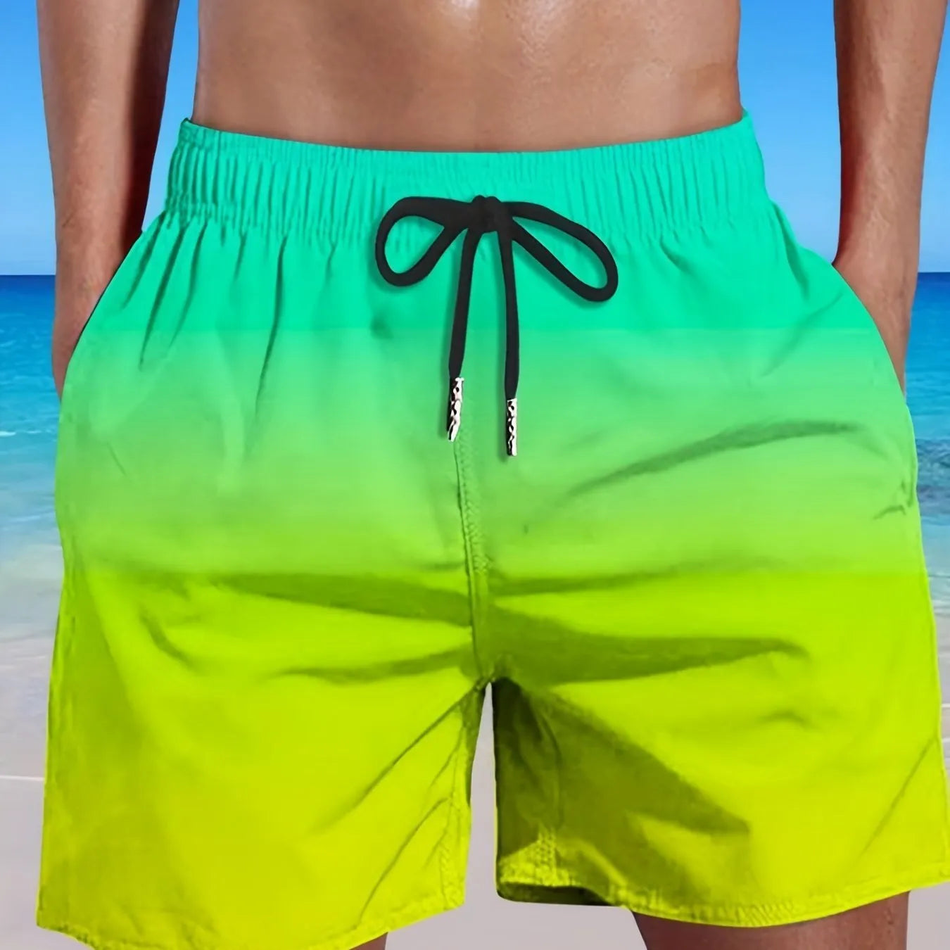 Men's grey gradient colour 3D digital print mesh sports shorts on a white background.