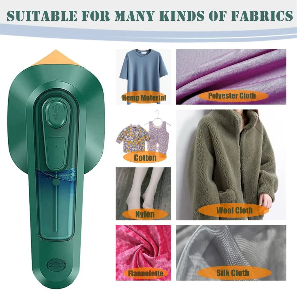 Dark green handheld portable garment ironing machine with titanium metal panel