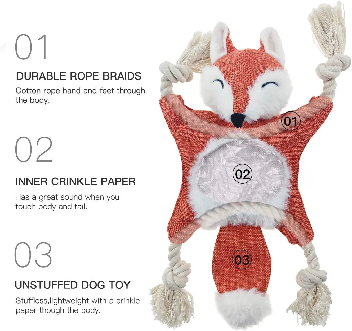 Brown fox-shaped dog toy with squeaker in head, crinkle paper body, and rope arms for chewing