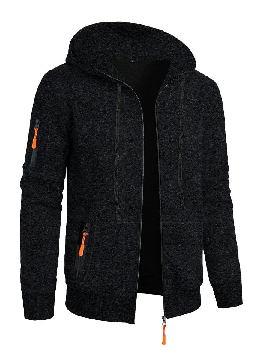 Men's hooded cardigan sweater coat in solid colour polyester, loose fit, long sleeve, sizes S-3XL