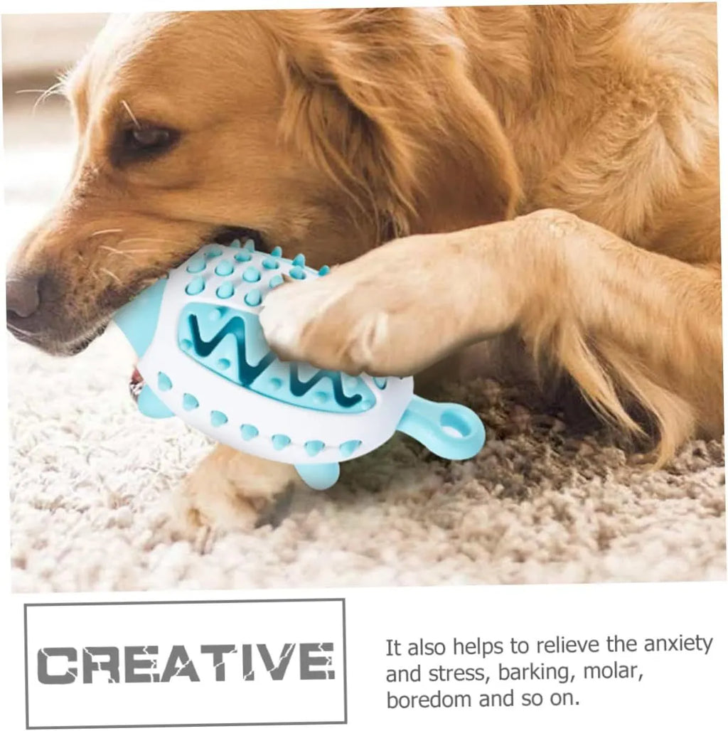 Blue wear-resistant treat dispensing dog toy with squeaky ball on white background