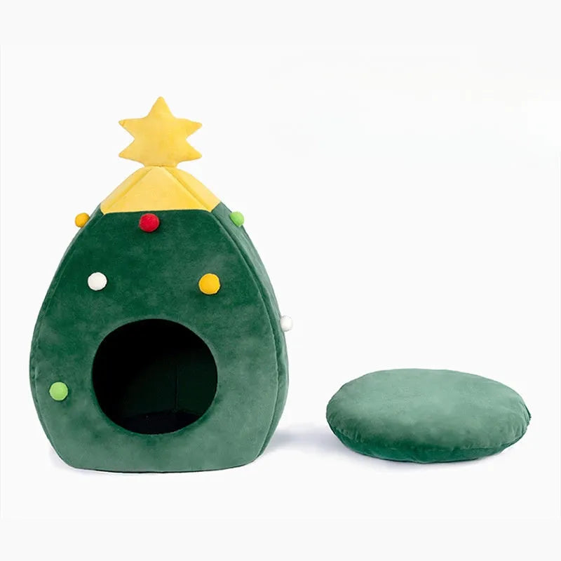 Christmas tree shaped plush teddy cat nest cave bed in warm colours with size dimensions