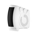 Compact white electric desktop heater with power settings, shown on a desk.